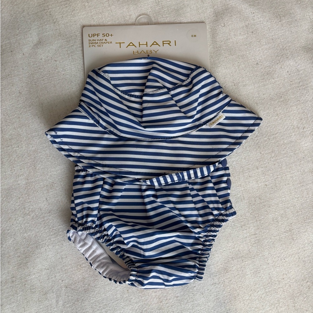 Tahari Baby Blue and White Striped Swimsuit
